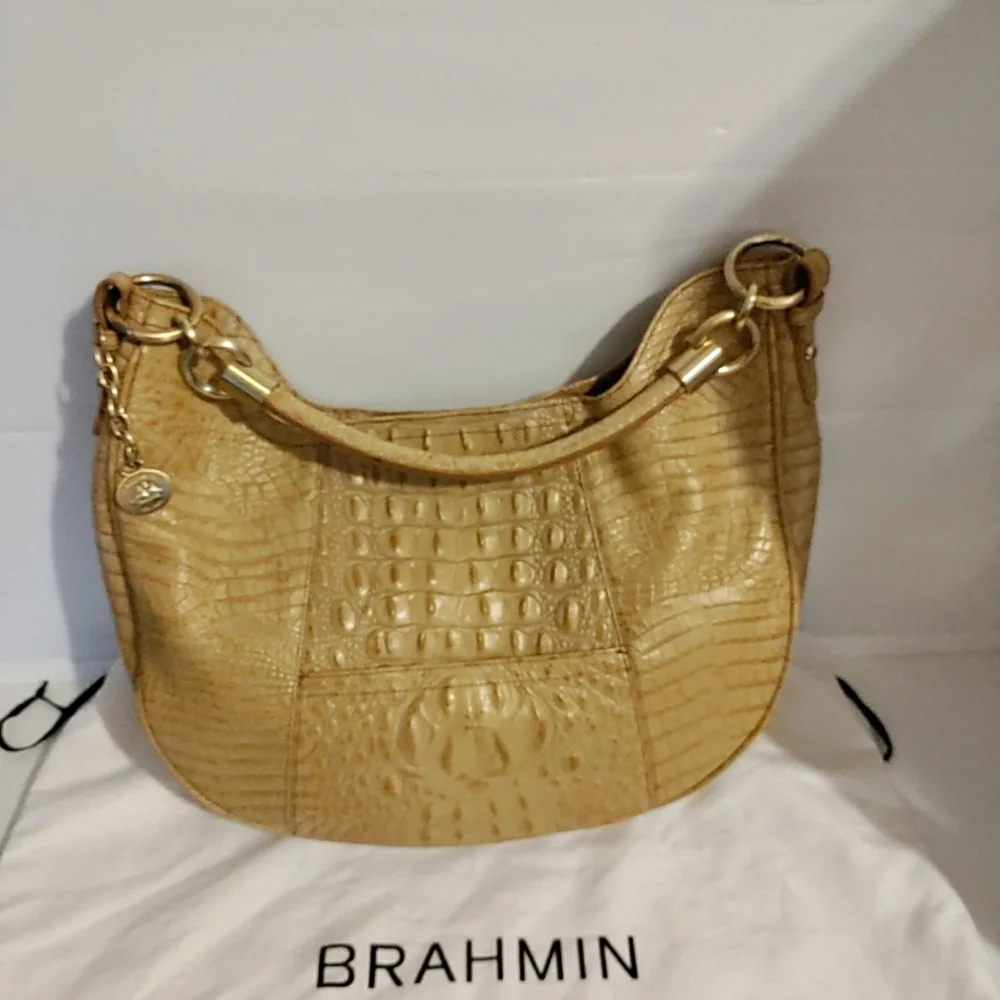 BRAHMIN Carmela Melbourne Hobo Shoulder Bag Croc-Embossed Leather Honey Caramel